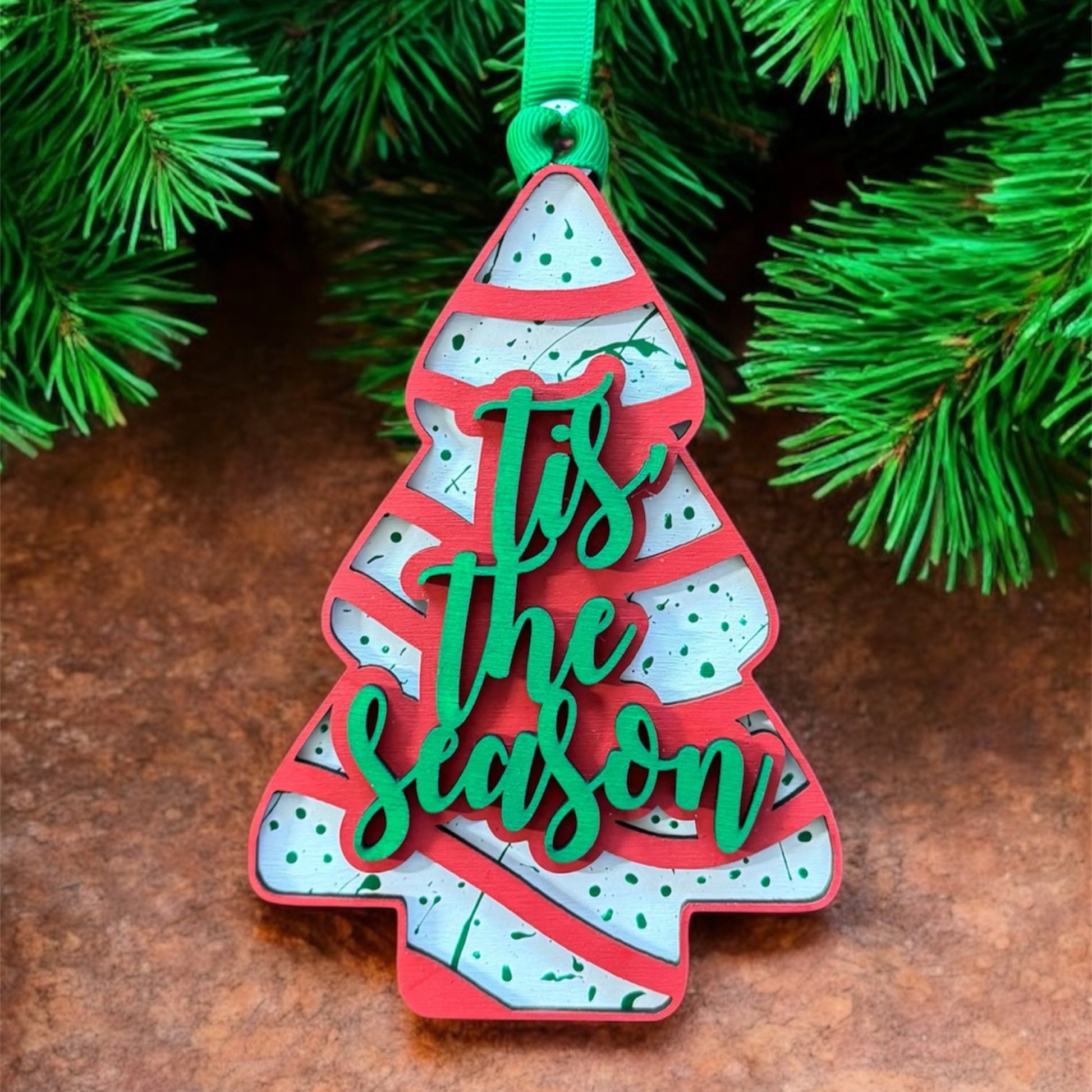 3D Wood painted Red, white and green Christmas tree cake ornament