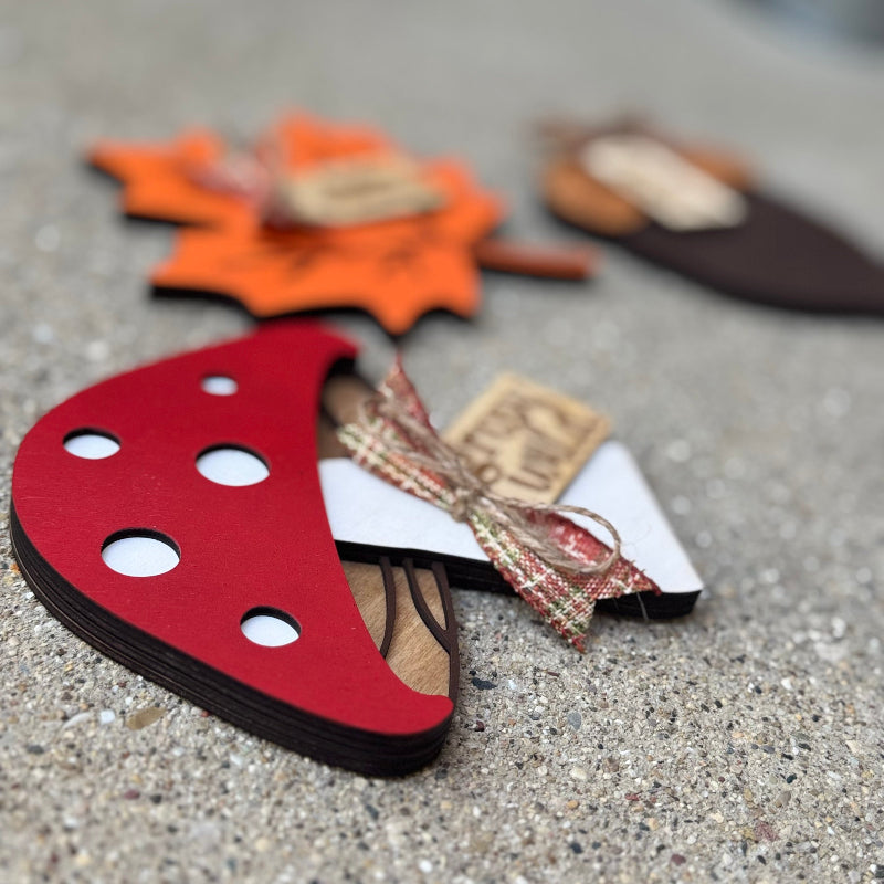 3D wooden shelf sitters fall themed with mushroom, acorn, and leaf