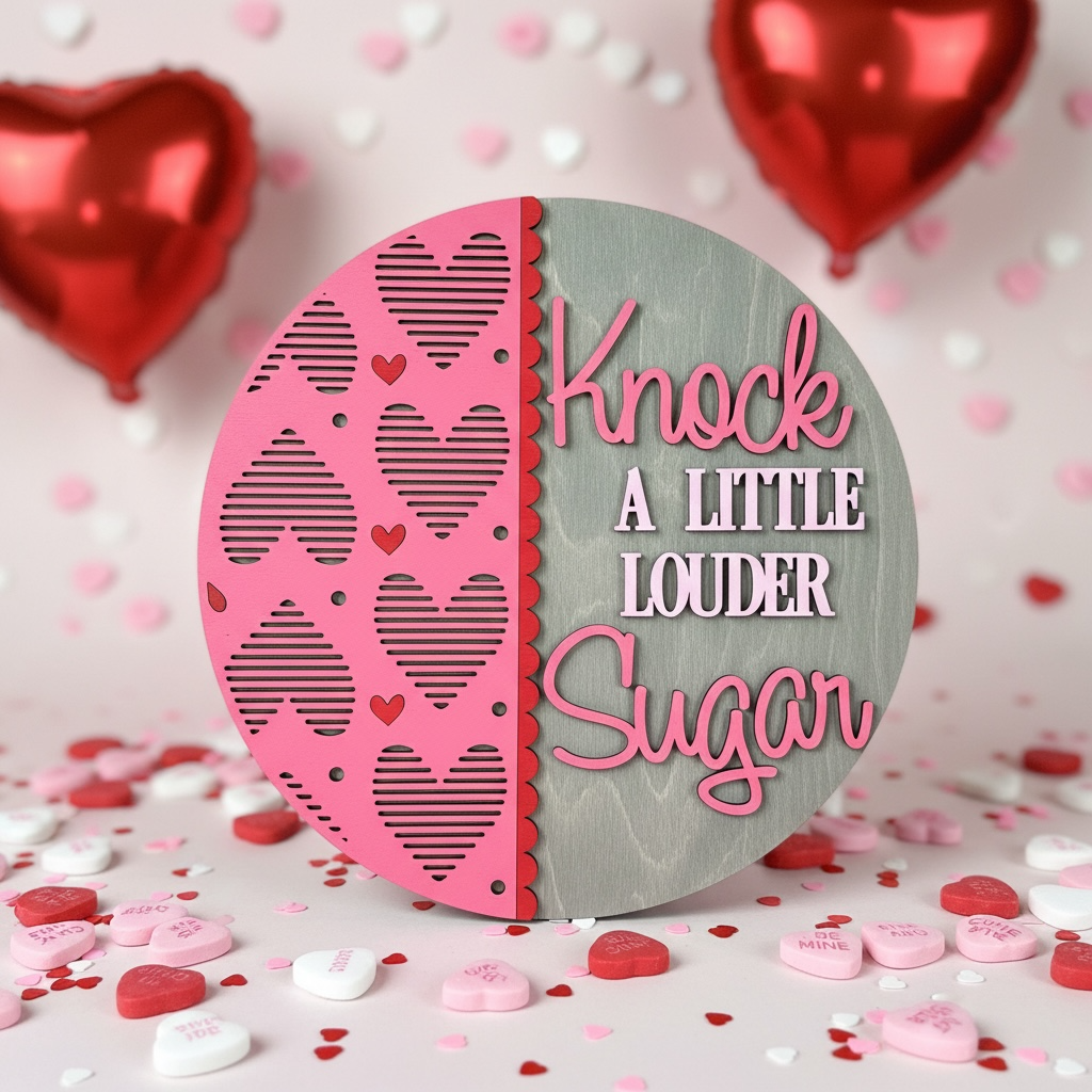 Decorative sign with 'Knock A Little Louder Sugar' text on a pink and gray background with heart shapes.