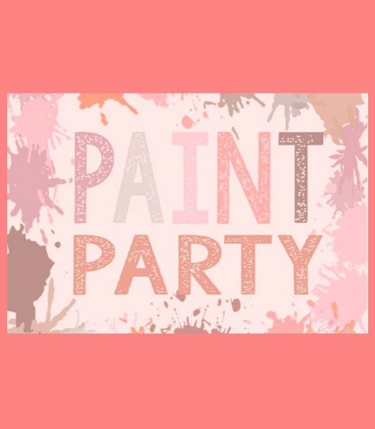 Invitation card for a paint party with splatter design and 'PAINT PARTY' text on a pink background.